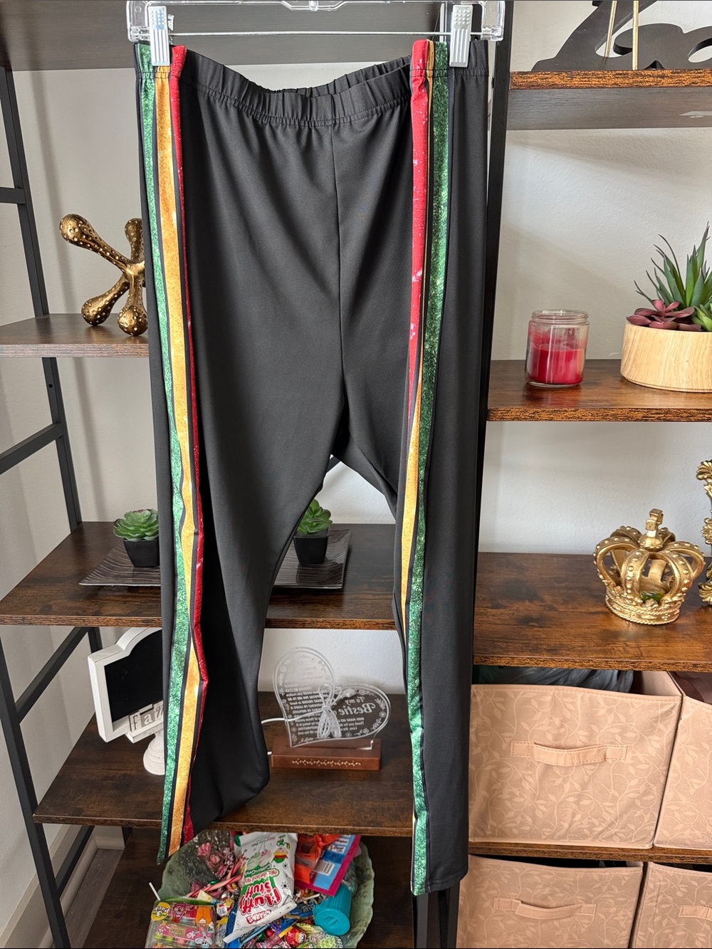 Black leggings with Red, Gold & Green Side Stripes